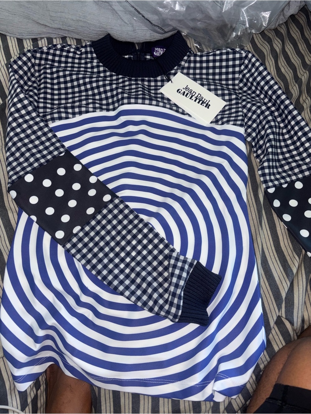 Jean Paul Gaultier NEW WITH TAGS Long Sleeve Top in Navy & White Mix-Print